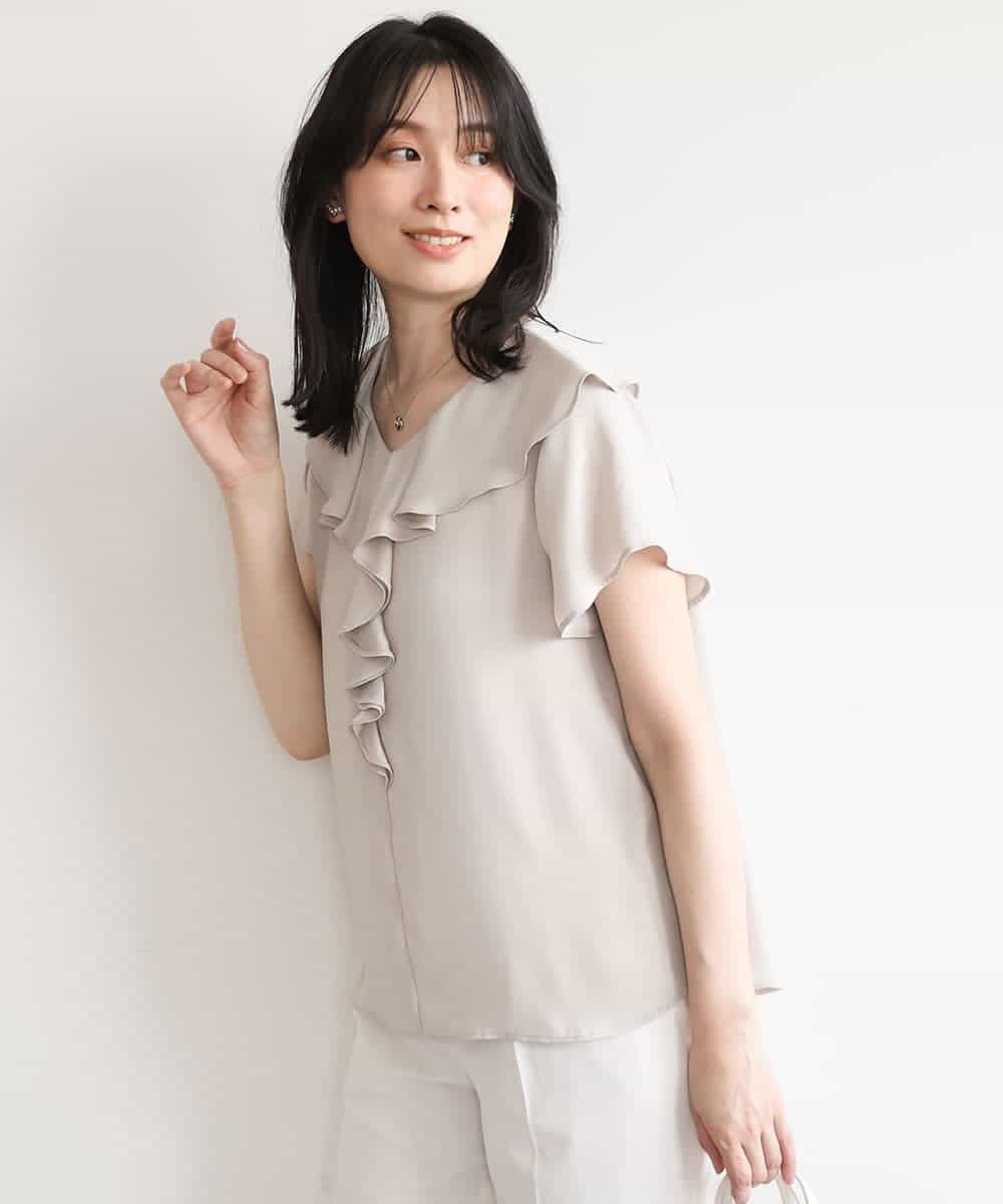 FIBGD25080 OFUON le MK(オフオン　ル　エムケー) フロントフリルVネックブラウス/UVカット/接触冷感/速乾性/洗濯機で洗える/WEB限定サイズあり ベージュ