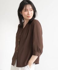 FIBGE21060 OFUON le MK(オフオン　ル　エムケー) サテンジョーゼットVネックブラウス/UVカット/接触冷感/洗濯機で洗える/WEB限定サイズあり ブラウン