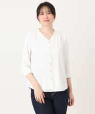 FIBGE21060 OFUON le MK(オフオン　ル　エムケー) サテンジョーゼットVネックブラウス/UVカット/接触冷感/洗濯機で洗える/WEB限定サイズあり ライトグリーン