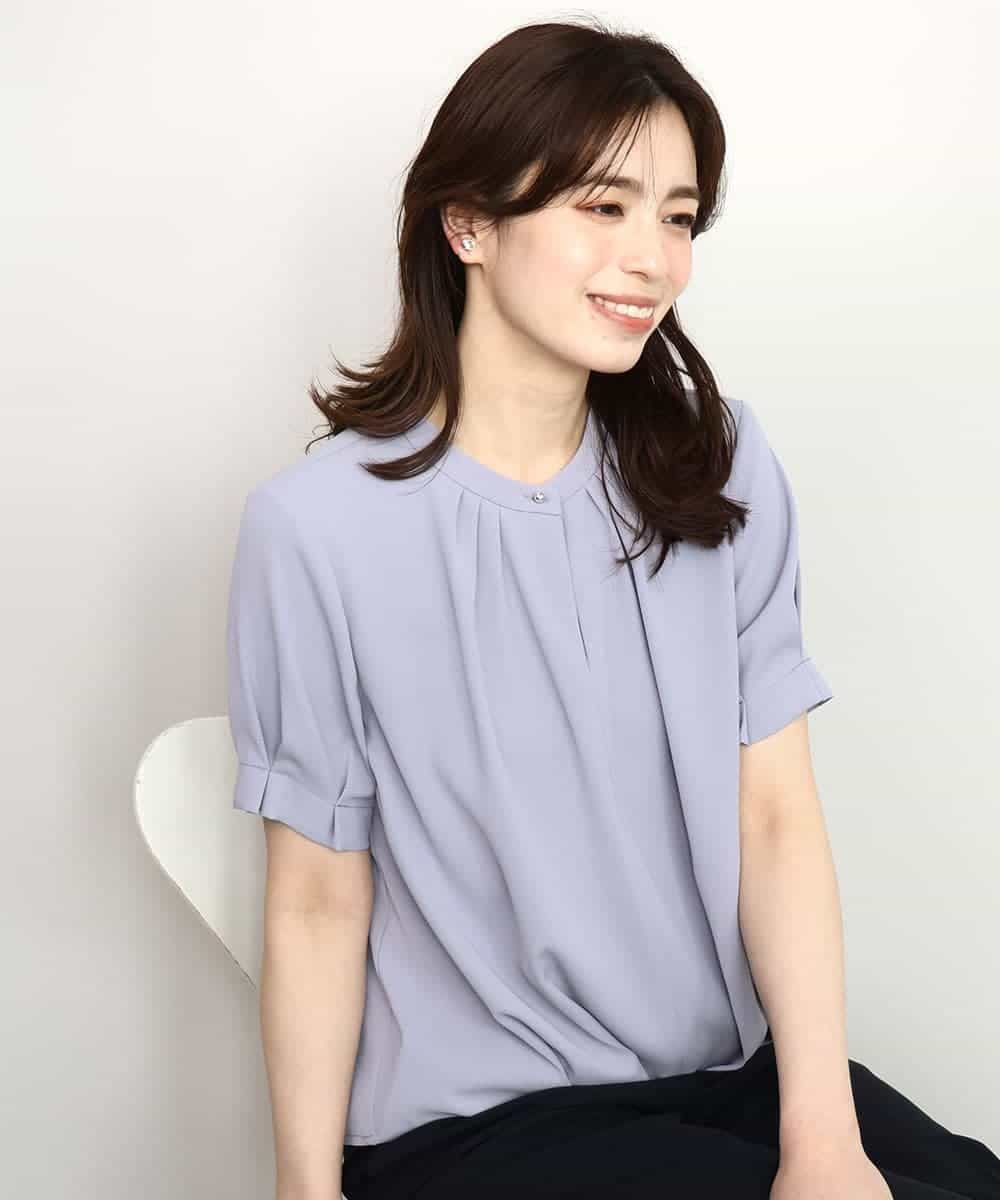 FIBHD18060 OFUON le MK(オフオン　ル　エムケー) フロントタックジョーゼットブラウス/接触冷感/UVカット/洗濯機で洗える/WEB限定サイズあり グレイッシュブルー