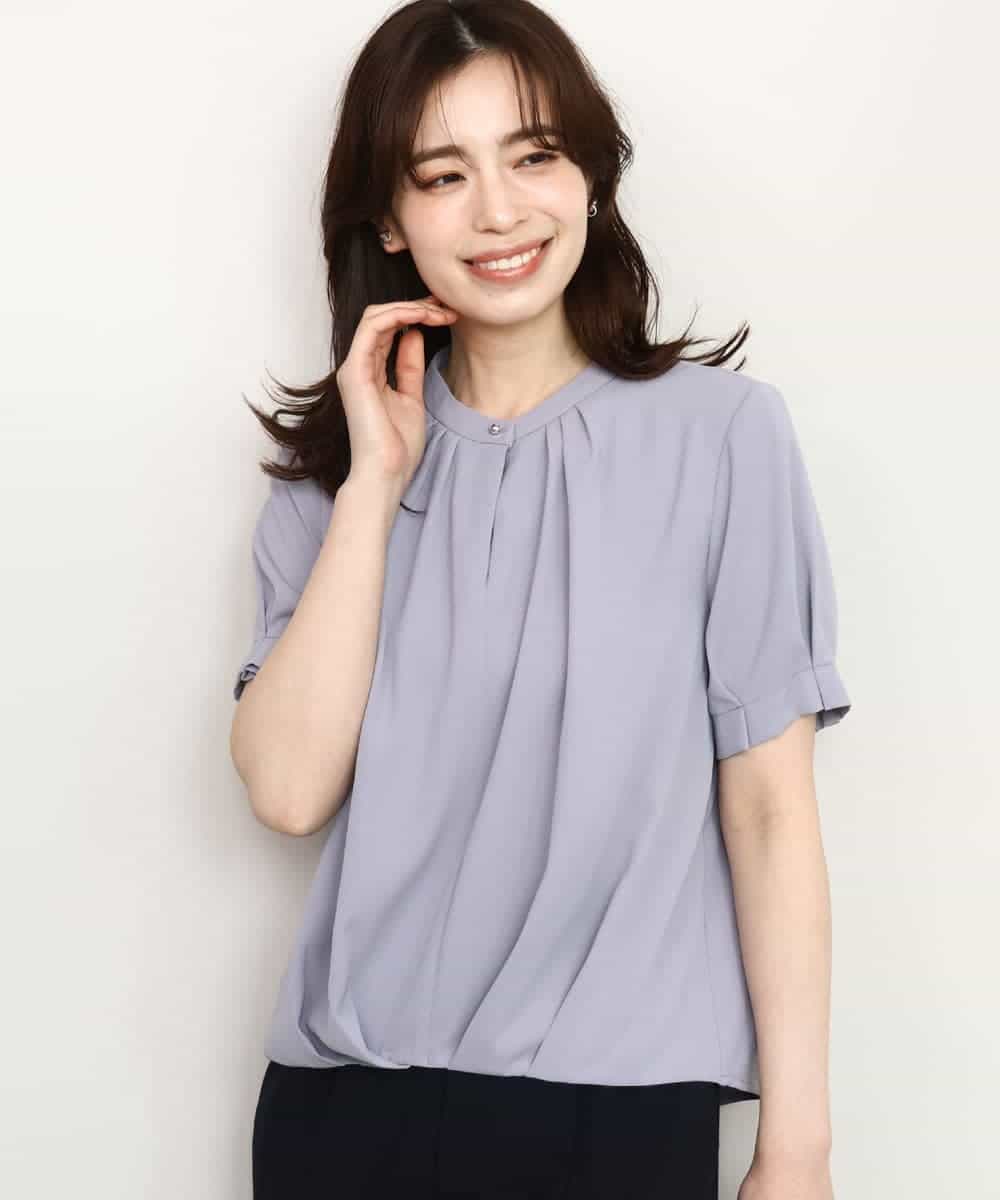 FIBHD18060 OFUON le MK(オフオン　ル　エムケー) フロントタックジョーゼットブラウス/接触冷感/UVカット/洗濯機で洗える/WEB限定サイズあり グレイッシュブルー