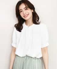 FIBHD18060 OFUON le MK(オフオン　ル　エムケー) フロントタックジョーゼットブラウス/接触冷感/UVカット/洗濯機で洗える/WEB限定サイズあり グレイッシュブルー