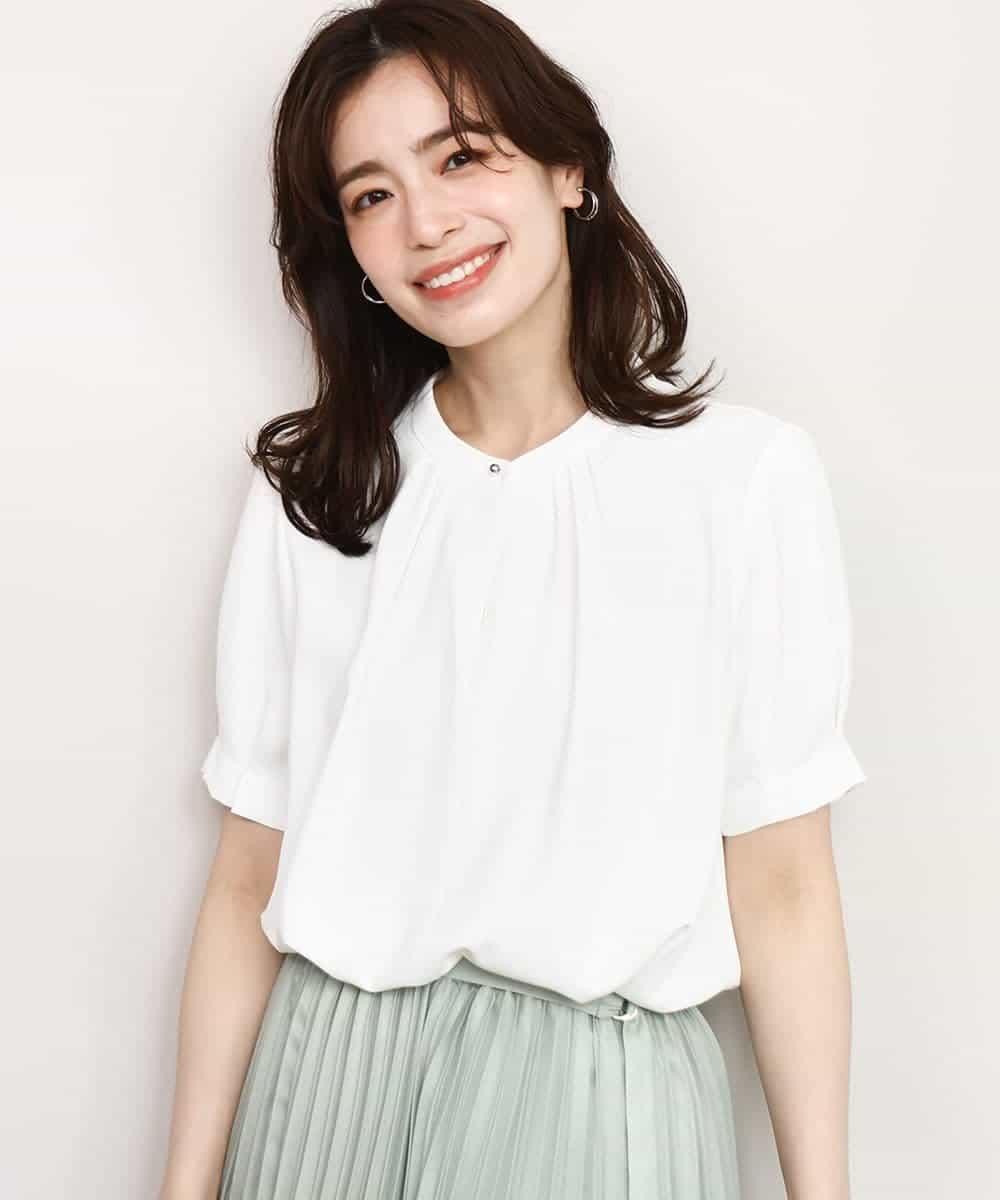 FIBHD18060 OFUON le MK(オフオン　ル　エムケー) フロントタックジョーゼットブラウス/接触冷感/UVカット/洗濯機で洗える/WEB限定サイズあり グレイッシュブルー