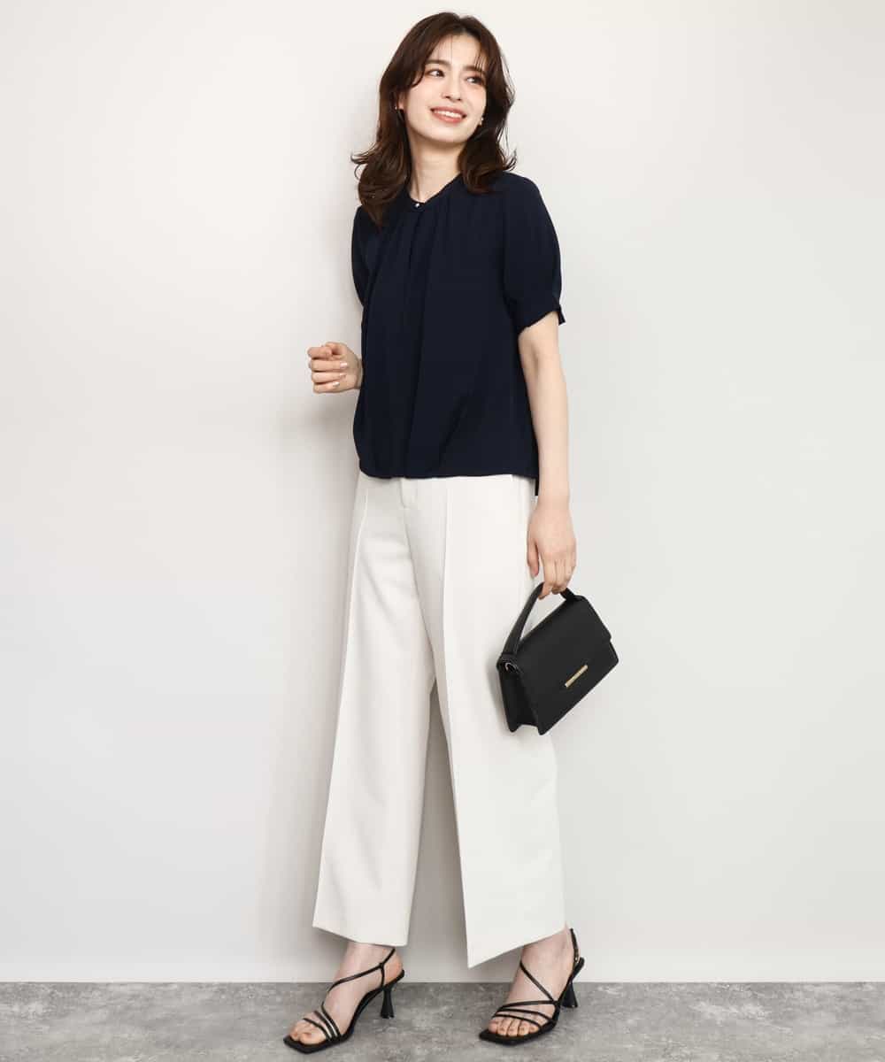 FIBHD18060 OFUON le MK(オフオン　ル　エムケー) フロントタックジョーゼットブラウス/接触冷感/UVカット/洗濯機で洗える/WEB限定サイズあり グレイッシュブルー