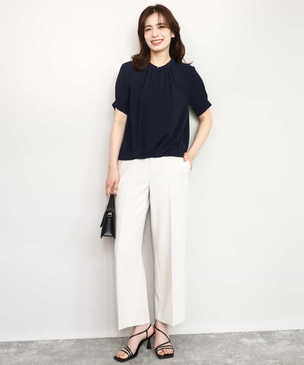 FIBHD18060 OFUON le MK(オフオン　ル　エムケー) フロントタックジョーゼットブラウス/接触冷感/UVカット/洗濯機で洗える/WEB限定サイズあり グレイッシュブルー