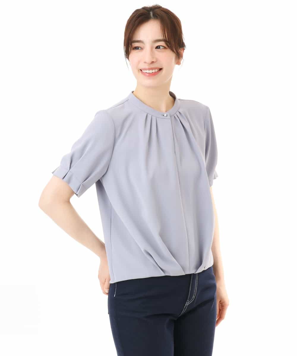 FIBHD18060 OFUON le MK(オフオン　ル　エムケー) フロントタックジョーゼットブラウス/接触冷感/UVカット/洗濯機で洗える/WEB限定サイズあり グレイッシュブルー