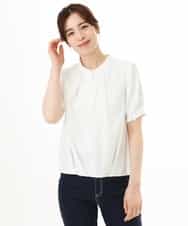 FIBHD18060 OFUON le MK(オフオン　ル　エムケー) フロントタックジョーゼットブラウス/接触冷感/UVカット/洗濯機で洗える/WEB限定サイズあり グレイッシュブルー