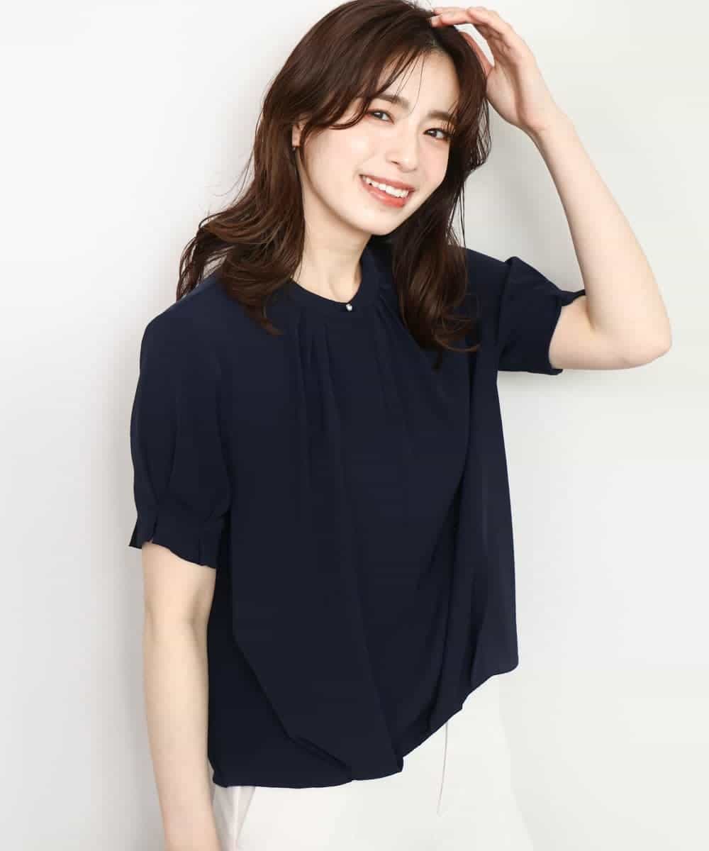FIBHD18060 OFUON le MK(オフオン　ル　エムケー) フロントタックジョーゼットブラウス/接触冷感/UVカット/洗濯機で洗える/WEB限定サイズあり ネイビー