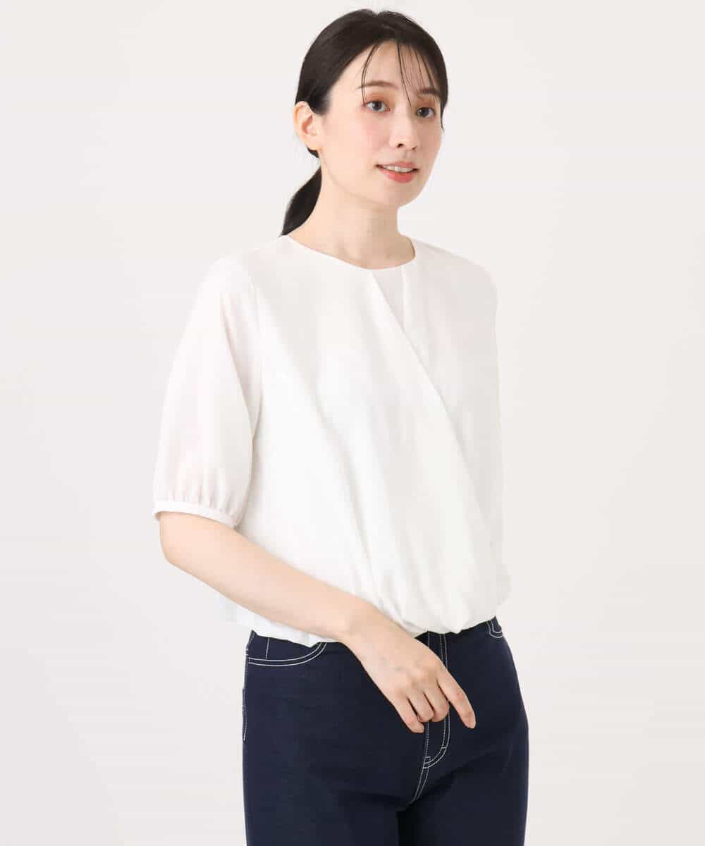 FIBJA08070 OFUON le MK(オフオン　ル　エムケー) カシュクールデザインブラウス/接触冷感/速乾/洗える/WEB限定サイズあり ライトブルー