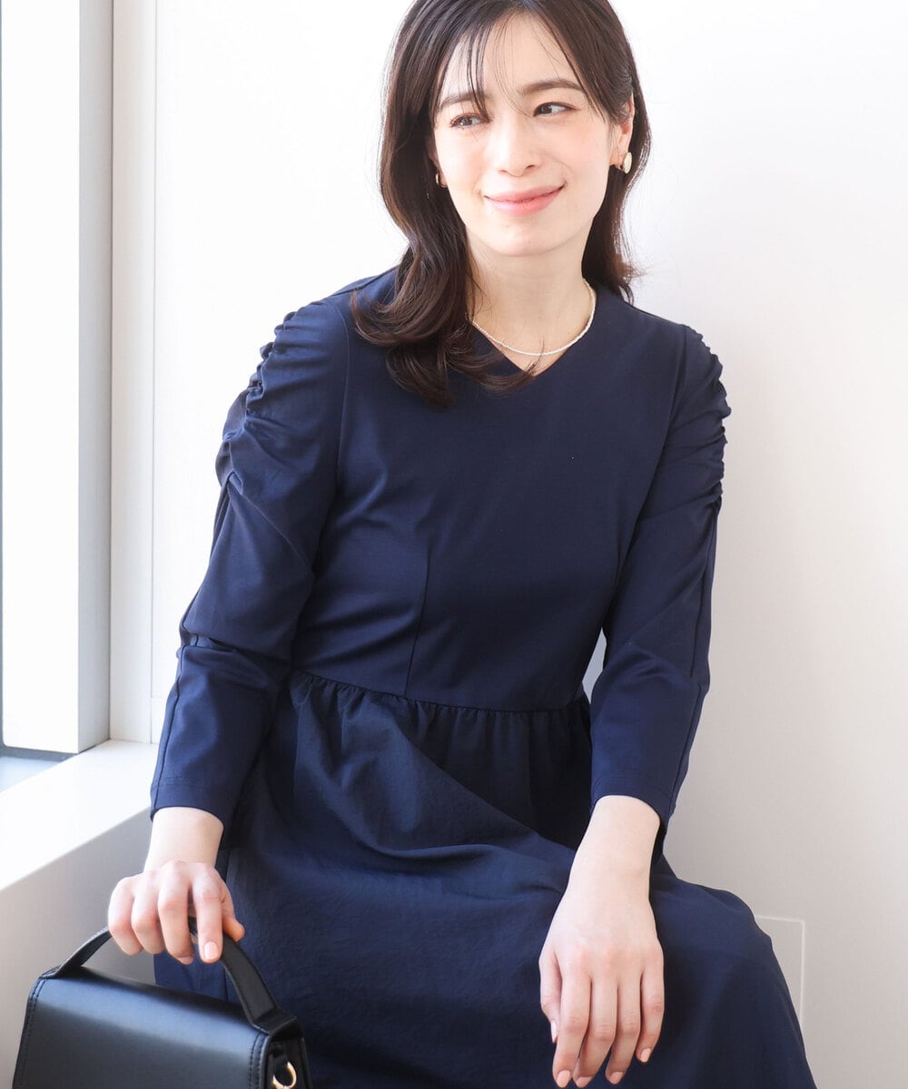 FIEAD09100 OFUON le MK(オフオン　ル　エムケー) ギャザースリーブドッキングワンピース/洗える/WEB限定サイズあり ネイビー