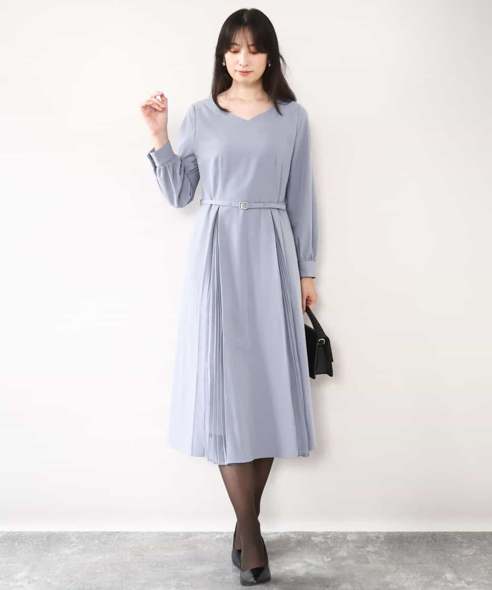 FIEDD20120 OFUON le MK(オフオン ル エムケー) シフォンプリーツデザインワンピース/洗える/WEB限定サイズあり グレイッシュブルー
