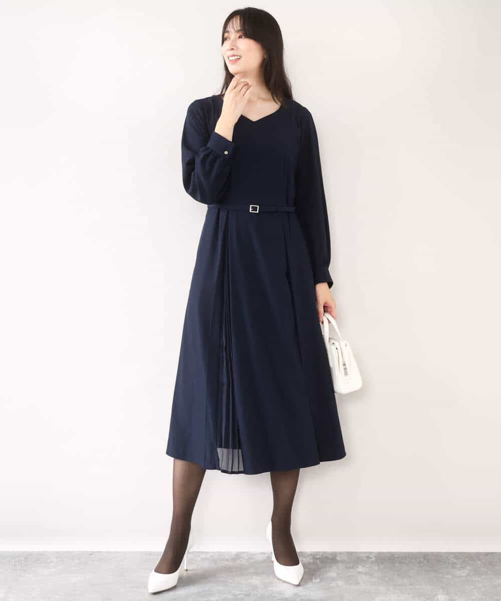 FIEDD20120 OFUON le MK(オフオン ル エムケー) シフォンプリーツデザインワンピース/洗える/WEB限定サイズあり グレイッシュブルー