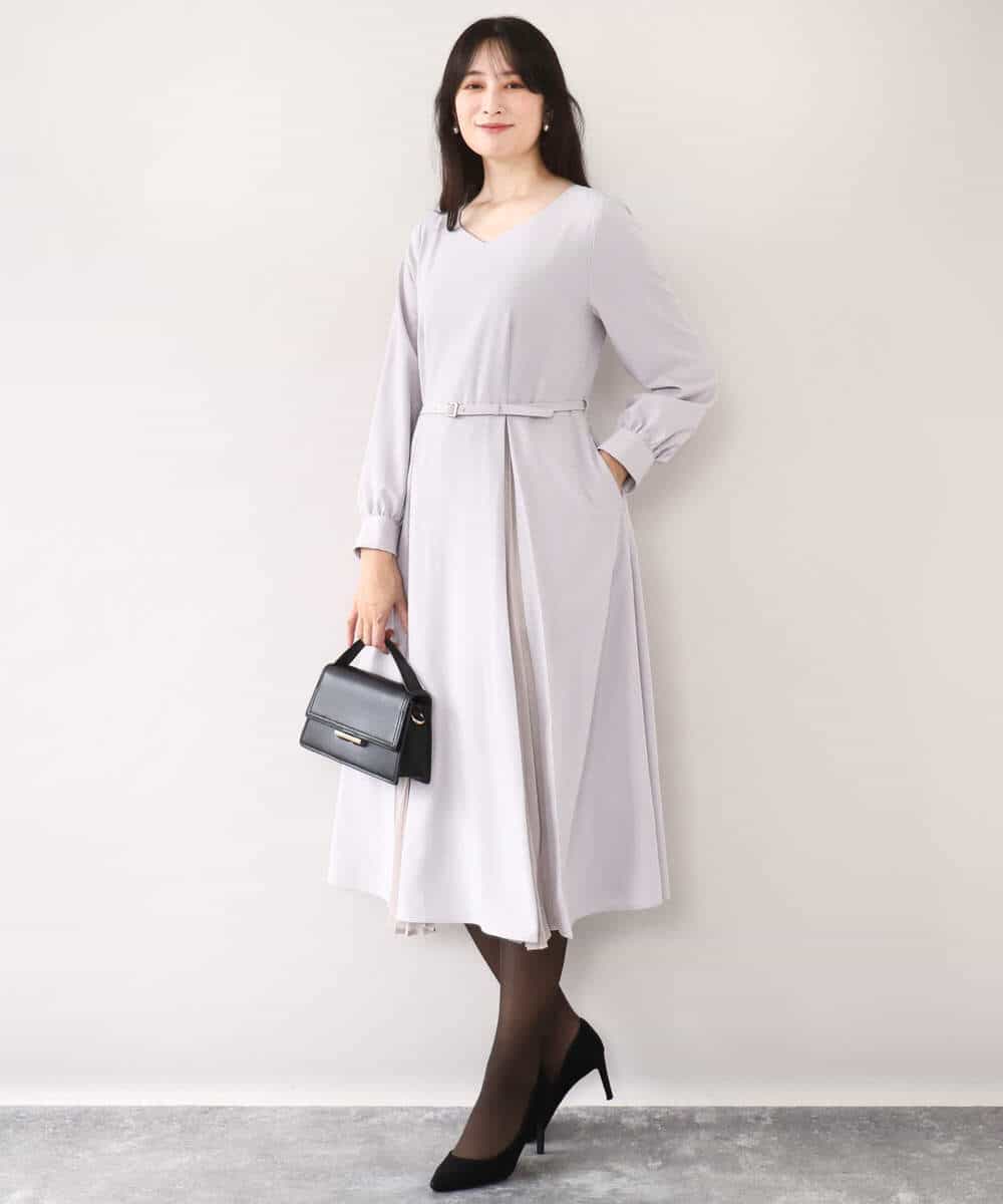 FIEDD20120 OFUON le MK(オフオン ル エムケー) シフォンプリーツデザインワンピース/洗える/WEB限定サイズあり グレイッシュブルー