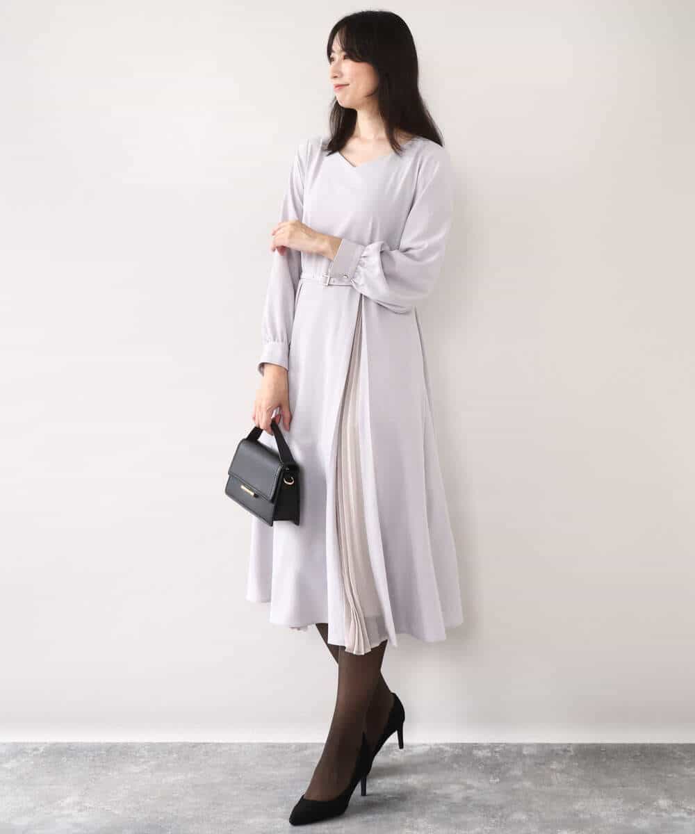 FIEDD20120 OFUON le MK(オフオン ル エムケー) シフォンプリーツデザインワンピース/洗える/WEB限定サイズあり グレイッシュブルー