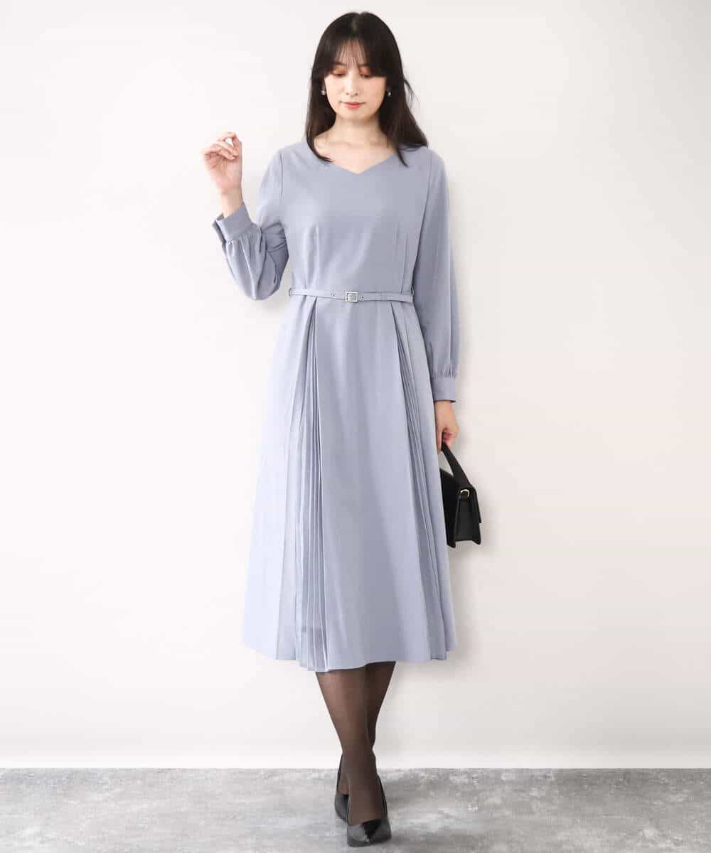 FIEDD20120 OFUON le MK(オフオン ル エムケー) シフォンプリーツデザインワンピース/洗える/WEB限定サイズあり グレイッシュブルー