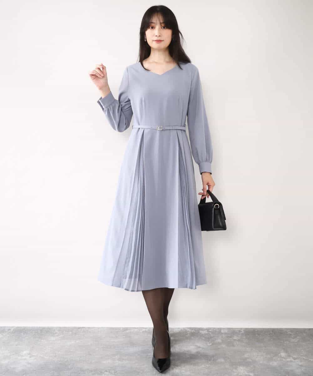FIEDD20120 OFUON le MK(オフオン ル エムケー) シフォンプリーツデザインワンピース/洗える/WEB限定サイズあり グレイッシュブルー