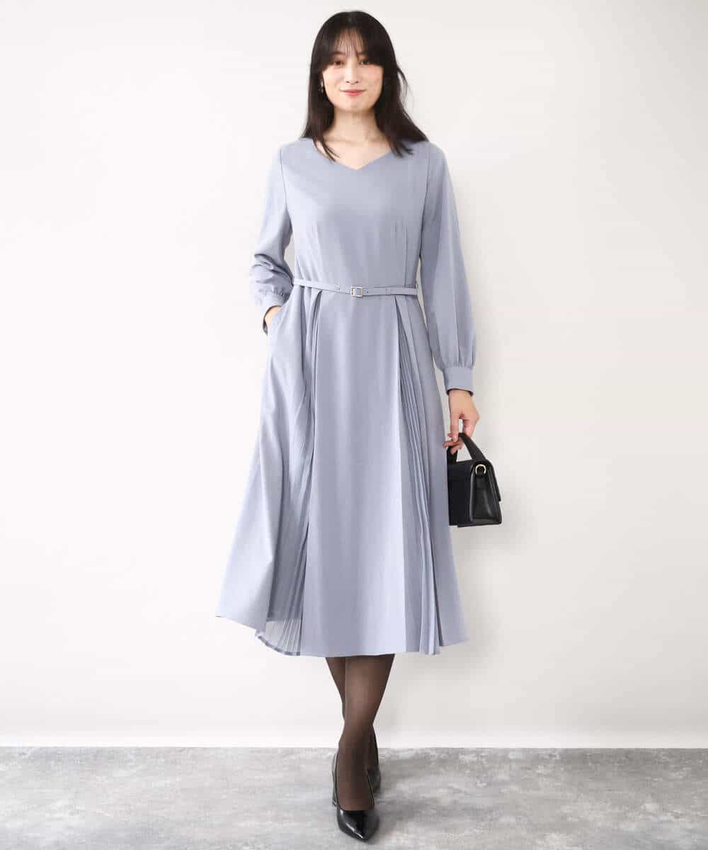FIEDD20120 OFUON le MK(オフオン ル エムケー) シフォンプリーツデザインワンピース/洗える/WEB限定サイズあり グレイッシュブルー