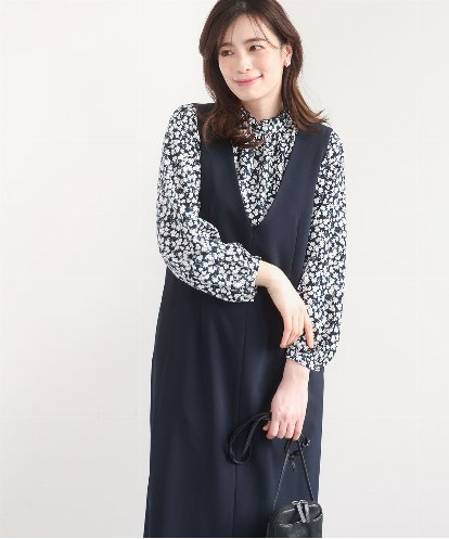 FIEDD21120  サイドパール調釦デザインVネックジャンパースカート/洗える/WEB限定サイズあり