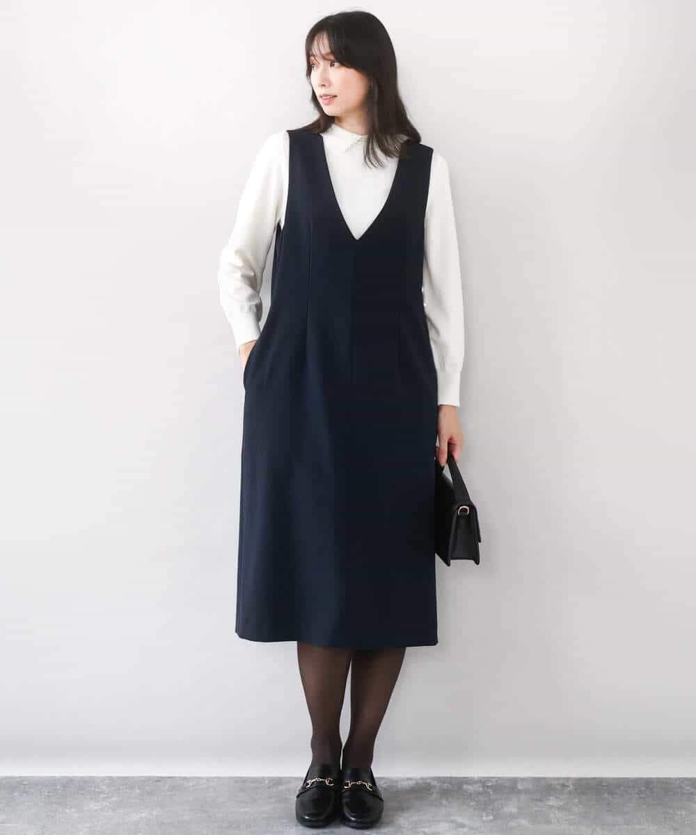 FIEDD21120 OFUON le MK(オフオン ル エムケー) サイドパール調釦デザインVネックジャンパースカート/洗える/WEB限定サイズあり ベージュ