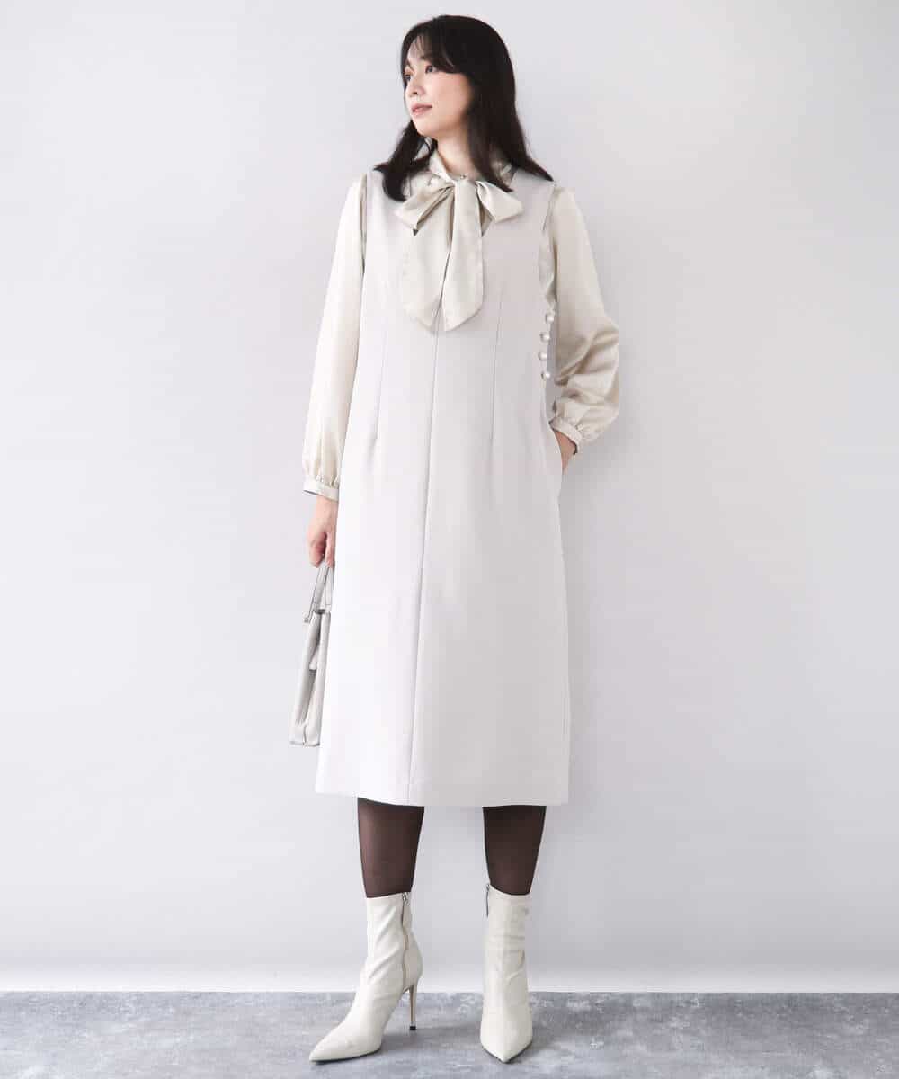 FIEDD21120 OFUON le MK(オフオン ル エムケー) サイドパール調釦デザインVネックジャンパースカート/洗える/WEB限定サイズあり ベージュ