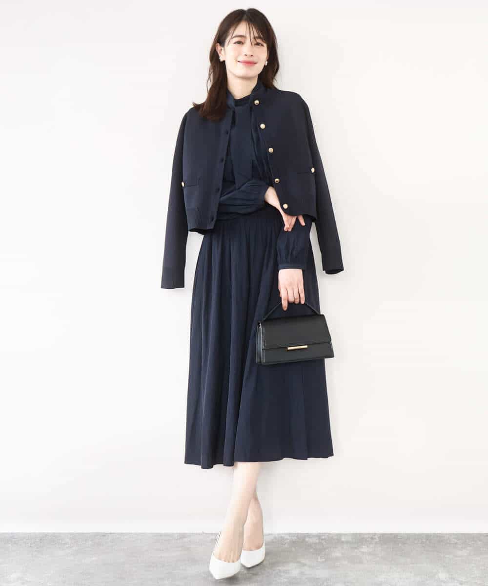 FIEFD13110 OFUON le MK(オフオン　ル　エムケー) パウダーサテン ボウタイワンピース/洗える/WEB限定サイズあり グレイッシュブルー