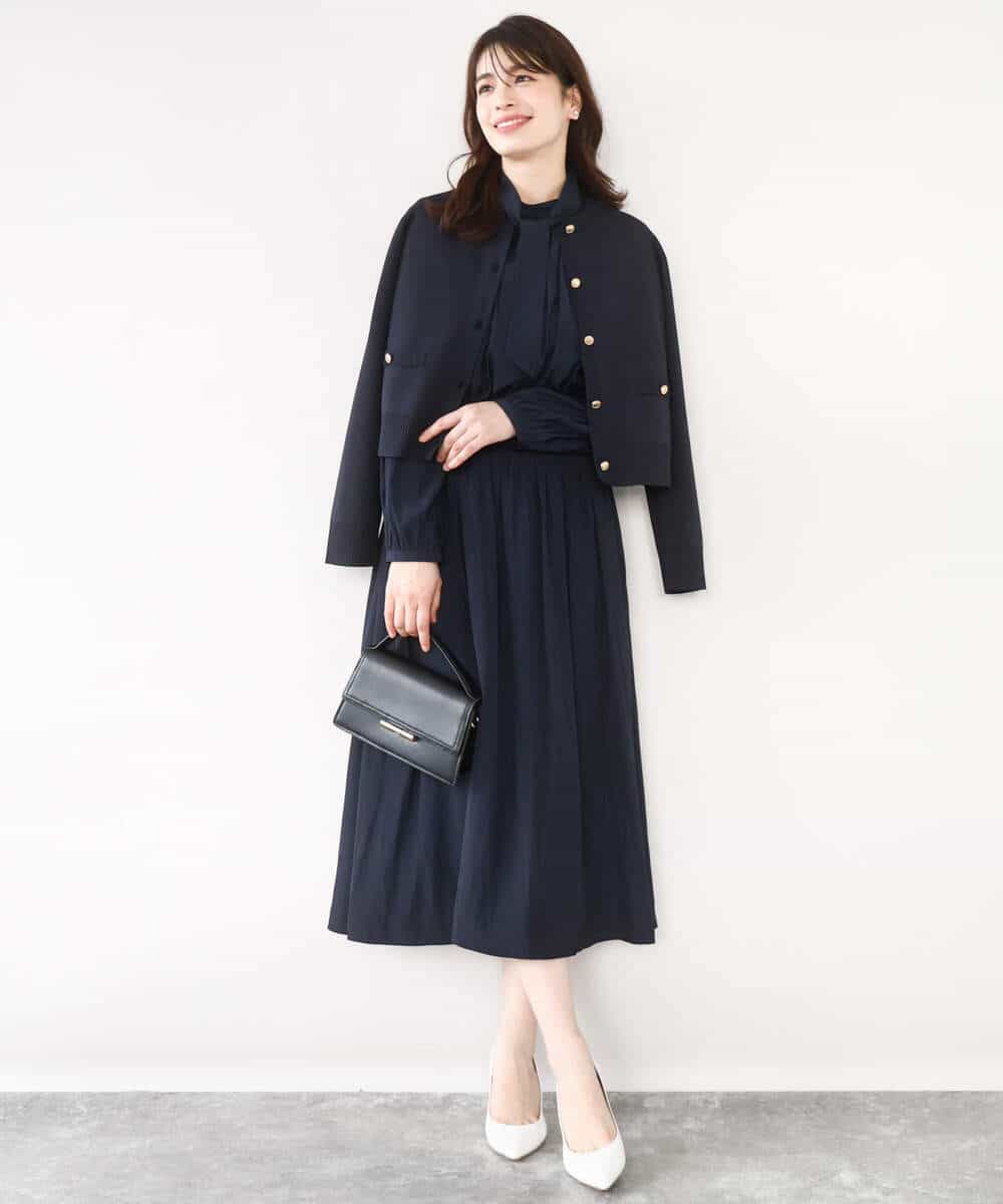 FIEFD13110 OFUON le MK(オフオン　ル　エムケー) パウダーサテン ボウタイワンピース/洗える/WEB限定サイズあり グレイッシュブルー