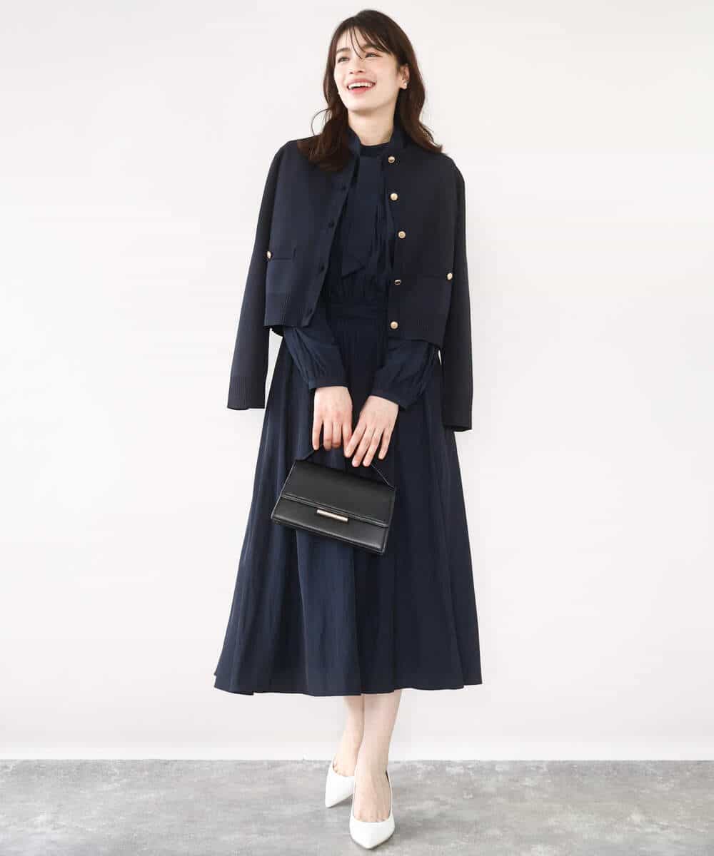 FIEFD13110 OFUON le MK(オフオン　ル　エムケー) パウダーサテン ボウタイワンピース/洗える/WEB限定サイズあり グレイッシュブルー