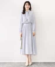 FIEFD13110 OFUON le MK(オフオン　ル　エムケー) パウダーサテン ボウタイワンピース/洗える/WEB限定サイズあり グレイッシュブルー