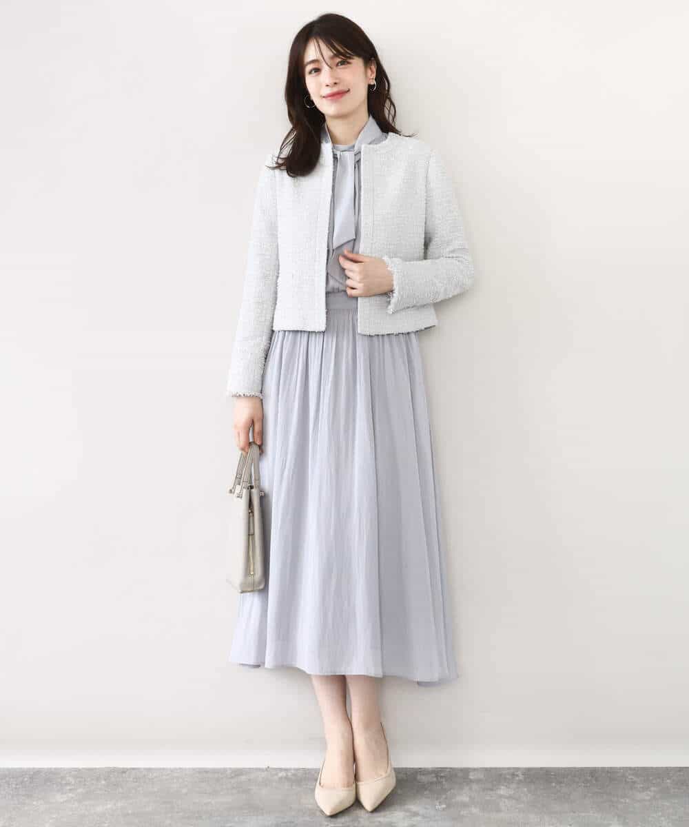 FIEFD13110 OFUON le MK(オフオン　ル　エムケー) パウダーサテン ボウタイワンピース/洗える/WEB限定サイズあり グレイッシュブルー