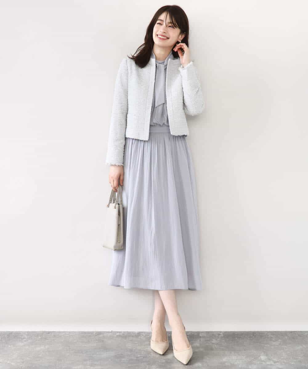 FIEFD13110 OFUON le MK(オフオン　ル　エムケー) パウダーサテン ボウタイワンピース/洗える/WEB限定サイズあり グレイッシュブルー