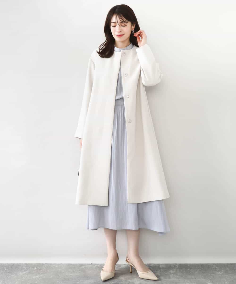 FIEFD13110 OFUON le MK(オフオン　ル　エムケー) パウダーサテン ボウタイワンピース/洗える/WEB限定サイズあり グレイッシュブルー