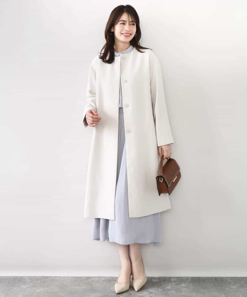 FIEFD13110 OFUON le MK(オフオン　ル　エムケー) パウダーサテン ボウタイワンピース/洗える/WEB限定サイズあり グレイッシュブルー