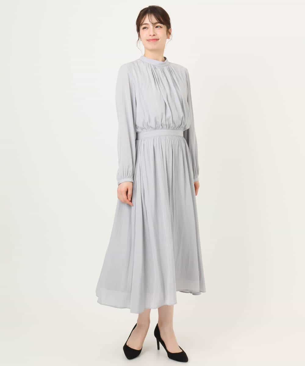 FIEFD13110 OFUON le MK(オフオン　ル　エムケー) パウダーサテン ボウタイワンピース/洗える/WEB限定サイズあり グレイッシュブルー