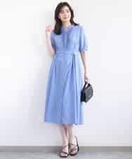 FIEGD16120 OFUON le MK(オフオン　ル　エムケー) フロントフリルキーネックワンピース/洗える/WEB限定サイズあり ブルー