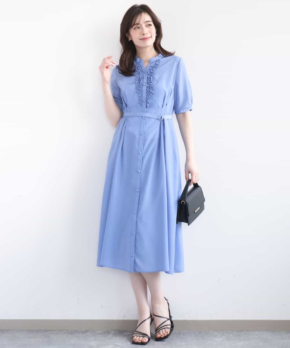 FIEGD16120 OFUON le MK(オフオン　ル　エムケー) フロントフリルキーネックワンピース/洗える/WEB限定サイズあり ブルー