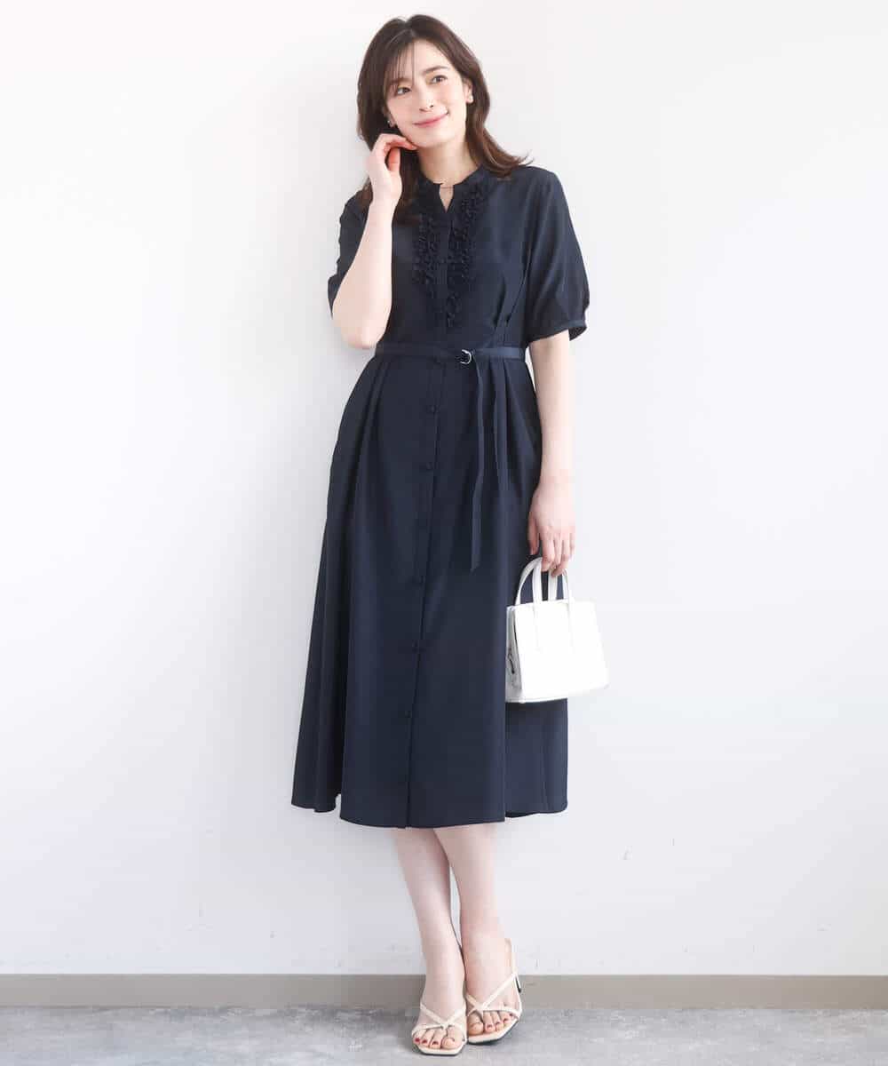 FIEGD16120 OFUON le MK(オフオン　ル　エムケー) フロントフリルキーネックワンピース/洗える/WEB限定サイズあり ブルー