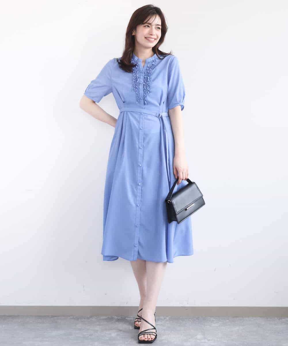 FIEGD16120 OFUON le MK(オフオン　ル　エムケー) フロントフリルキーネックワンピース/洗える/WEB限定サイズあり ブルー