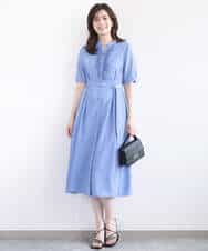 FIEGD16120 OFUON le MK(オフオン　ル　エムケー) フロントフリルキーネックワンピース/洗える/WEB限定サイズあり ブルー