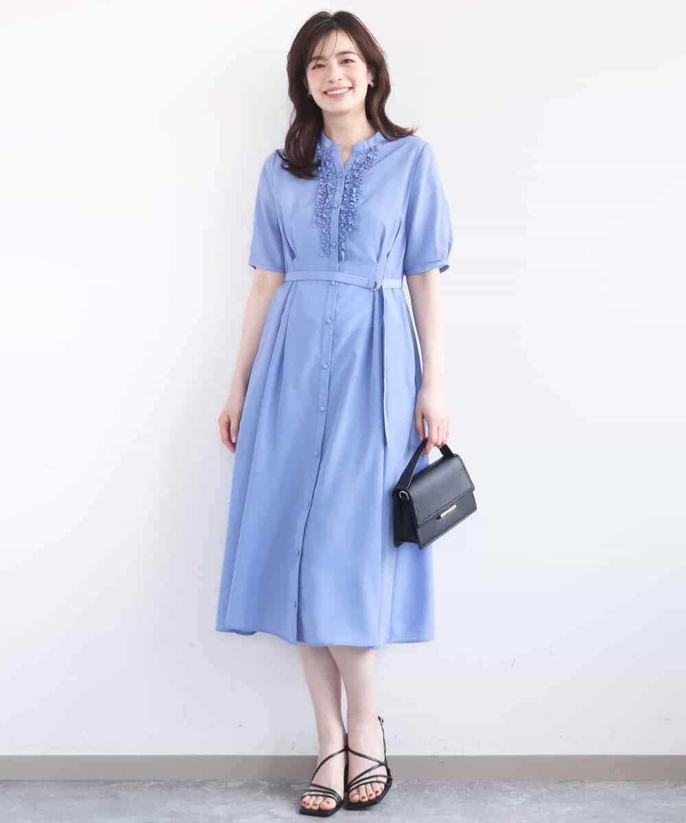 FIEGD16120 OFUON le MK(オフオン　ル　エムケー) フロントフリルキーネックワンピース/洗える/WEB限定サイズあり ブルー