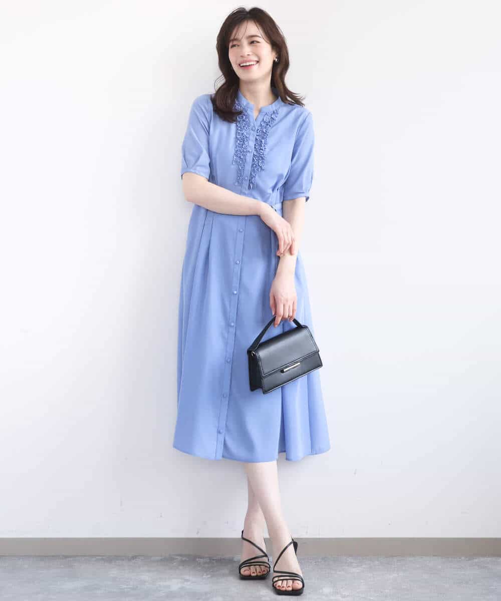 FIEGD16120 OFUON le MK(オフオン　ル　エムケー) フロントフリルキーネックワンピース/洗える/WEB限定サイズあり ブルー