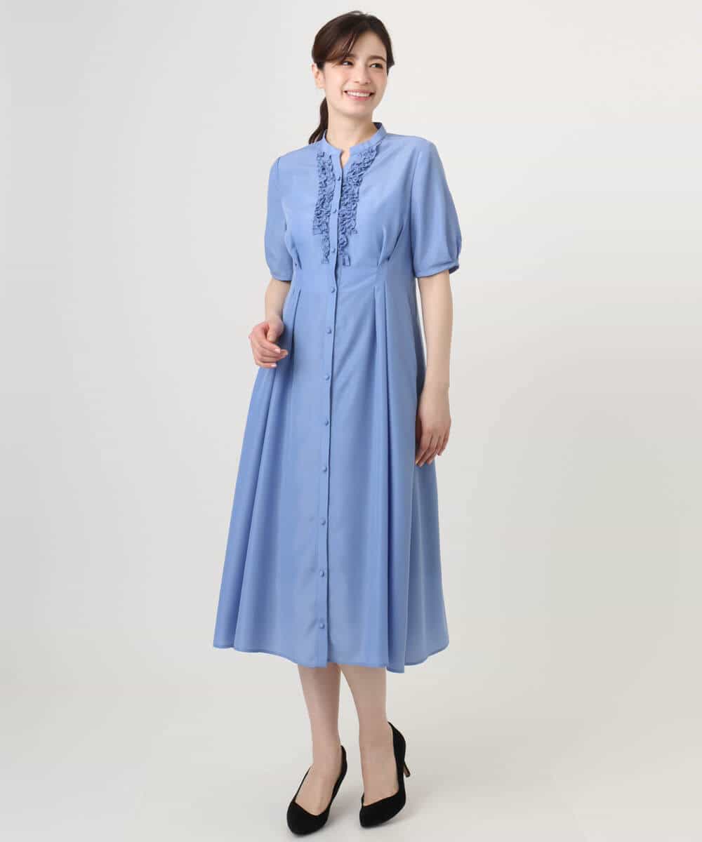 FIEGD16120 OFUON le MK(オフオン　ル　エムケー) フロントフリルキーネックワンピース/洗える/WEB限定サイズあり ブルー