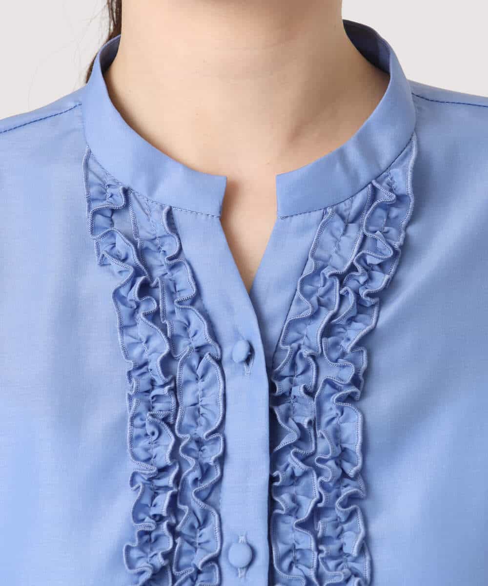 FIEGD16120 OFUON le MK(オフオン　ル　エムケー) フロントフリルキーネックワンピース/洗える/WEB限定サイズあり ブルー