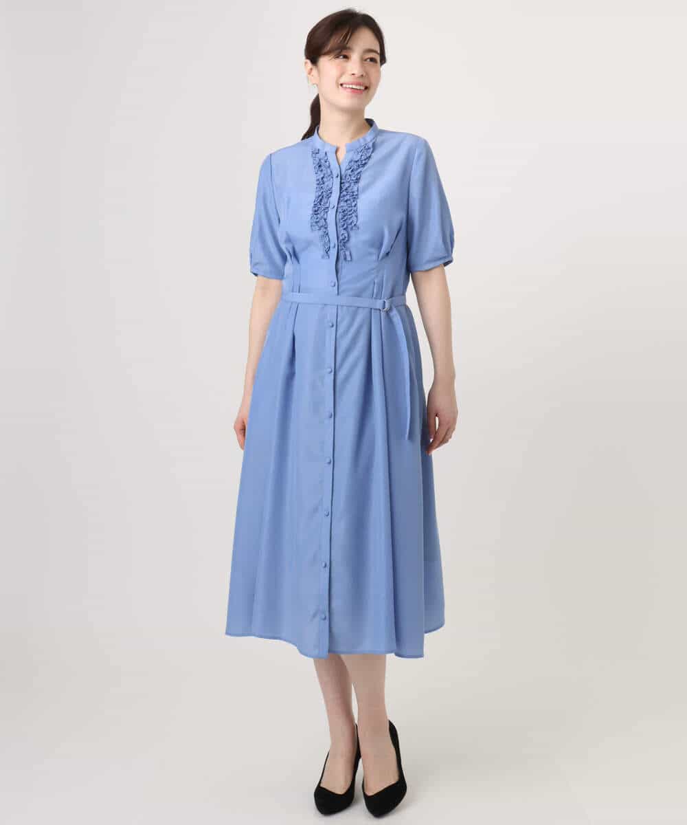 FIEGD16120 OFUON le MK(オフオン　ル　エムケー) フロントフリルキーネックワンピース/洗える/WEB限定サイズあり ブルー