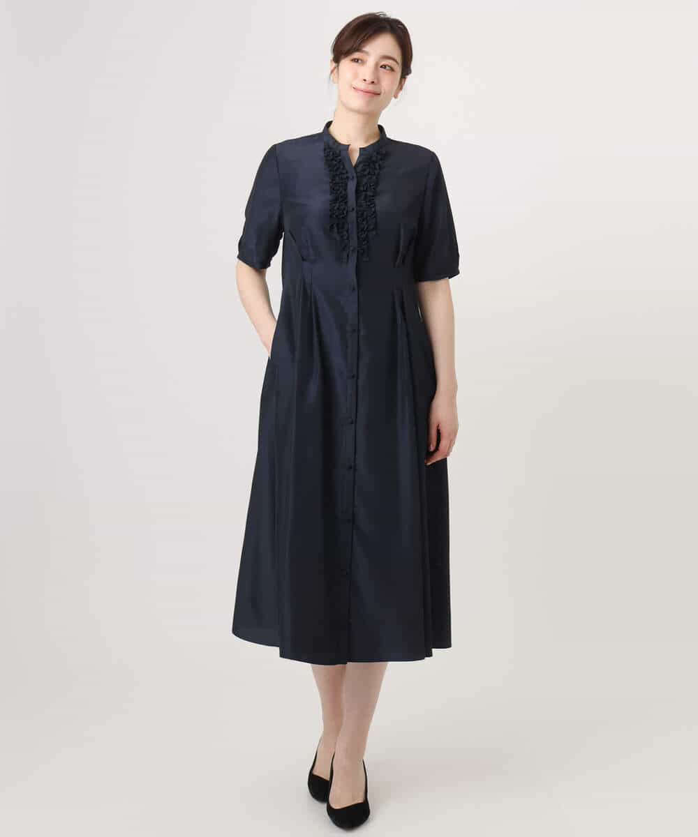 FIEGD16120 OFUON le MK(オフオン　ル　エムケー) フロントフリルキーネックワンピース/洗える/WEB限定サイズあり ブルー