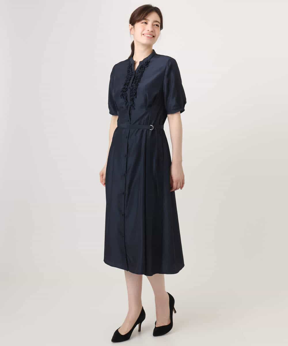 FIEGD16120 OFUON le MK(オフオン　ル　エムケー) フロントフリルキーネックワンピース/洗える/WEB限定サイズあり ブルー