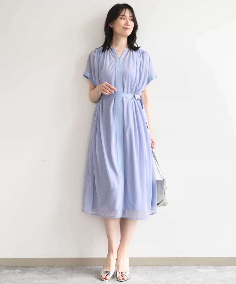 FIEGD17100 OFUON le MK(オフオン　ル　エムケー) キーネックシアーワンピース/洗濯機で洗える/WEB限定サイズあり パールブルー