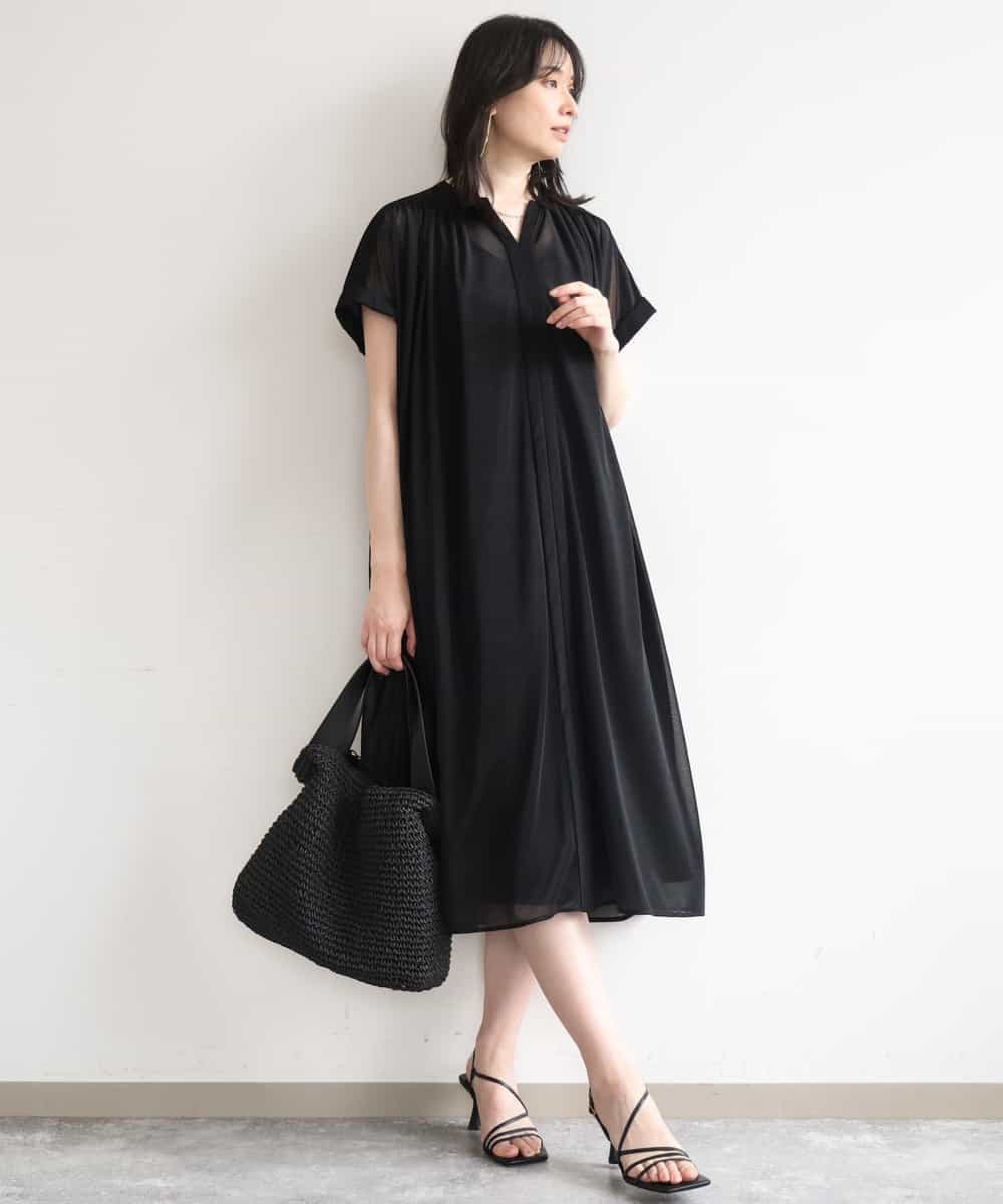 FIEGD17100 OFUON le MK(オフオン　ル　エムケー) キーネックシアーワンピース/洗濯機で洗える/WEB限定サイズあり パールブルー