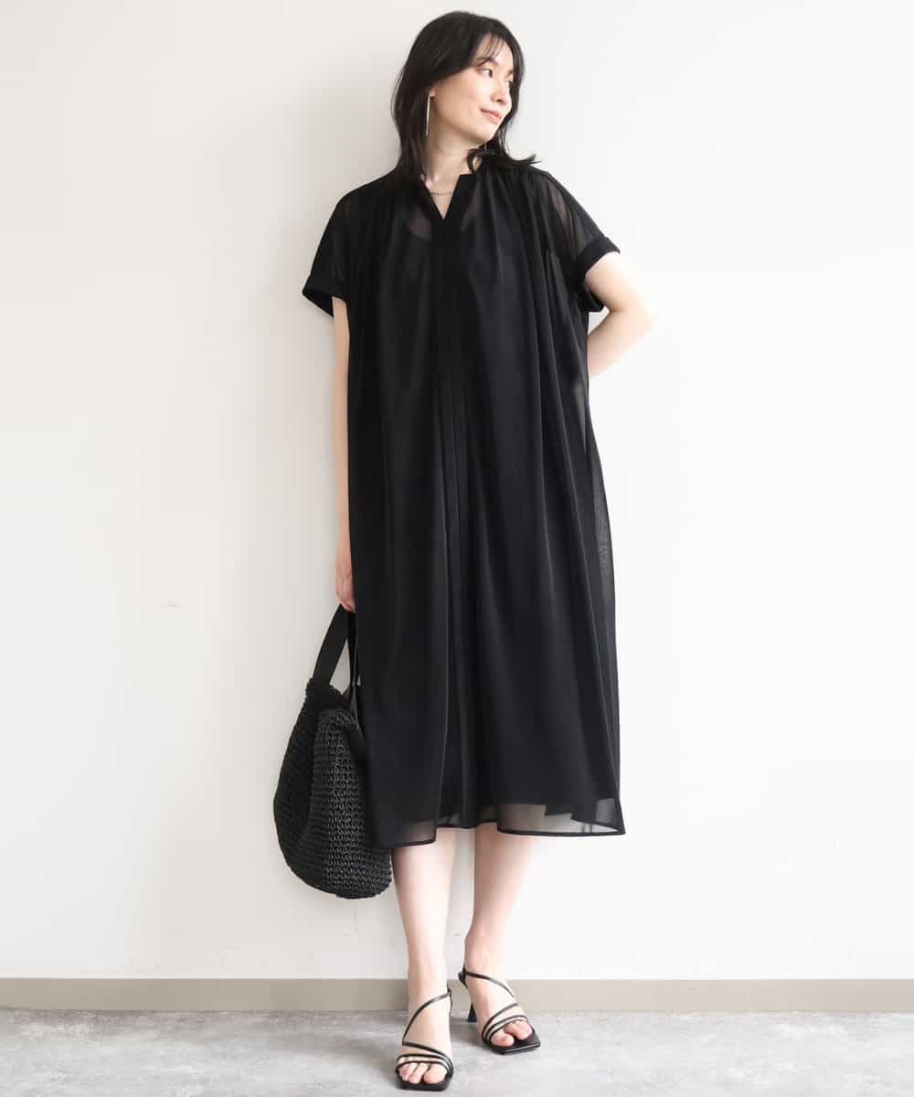 FIEGD17100 OFUON le MK(オフオン　ル　エムケー) キーネックシアーワンピース/洗濯機で洗える/WEB限定サイズあり パールブルー