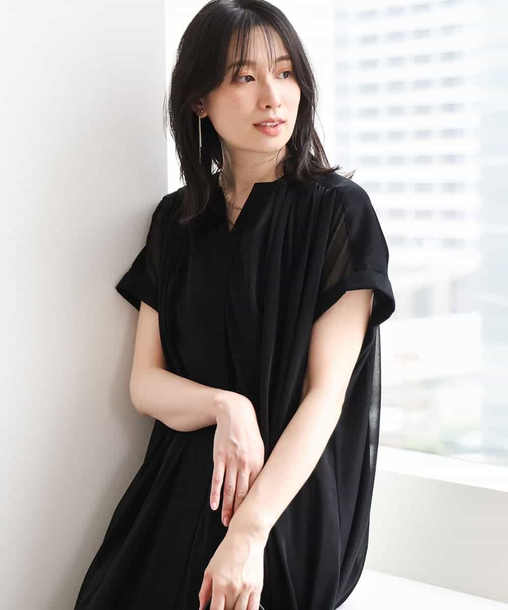 FIEGD17100 OFUON le MK(オフオン　ル　エムケー) キーネックシアーワンピース/洗濯機で洗える/WEB限定サイズあり ブラック