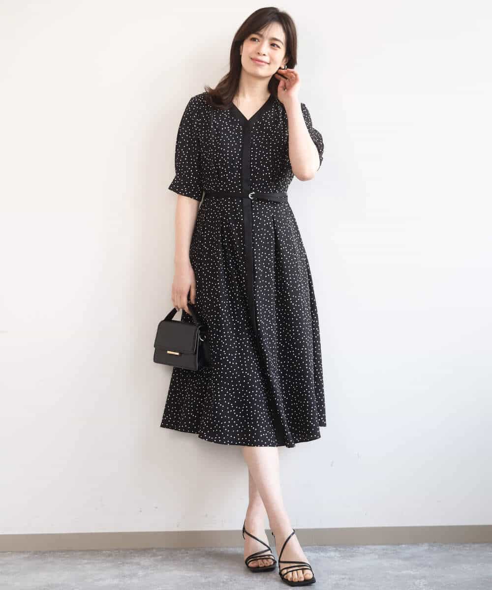 FIEGD19120 OFUON le MK(オフオン　ル　エムケー) ドット柄ウエストタックワンピース/洗濯機で洗える/WEB限定サイズあり モカベージュ